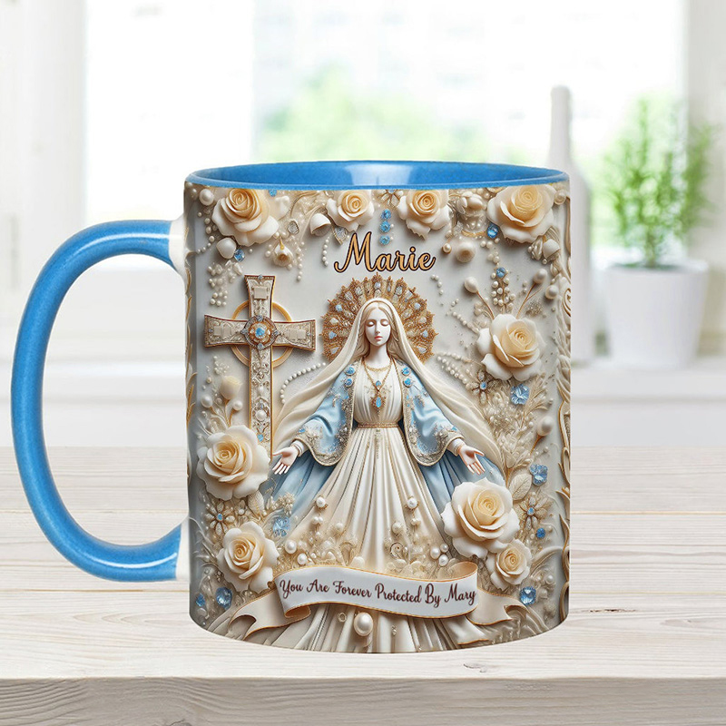 Personalized you are Forever Protected by Mary Ceramic Mug with Name Religious Inspirational Gift Catholic Gift for Women
