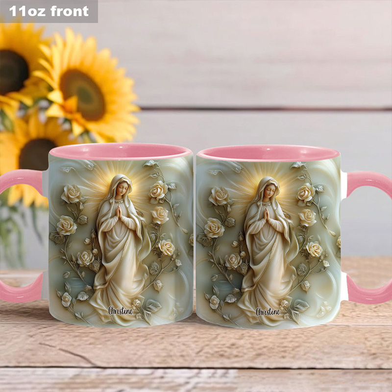 Personalized Virgin Mary Floral Ceramic Mug with Name Religious Inspirational Gift Catholic Gift for Women