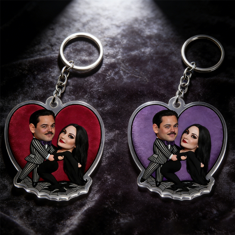 Personalized Gothic Cartoon Hearts Background Keychain Custom Photo Playfully Dark Holiday Gift