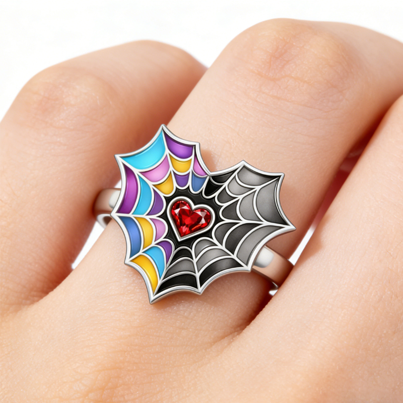 Personalized Birthstone Spiderweb Heart Ring Sterling Silver Ring Symbolic Jewelry Gift for Couples and Best Friends