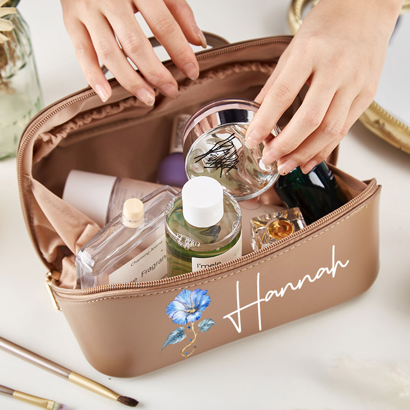 Personalized Retro Oil Painting Birth Flower with Birthstone Large Leather Cosmetic Bag Bridesmaid Gifts Bride Make Up Bag Bachelorette Party Favors