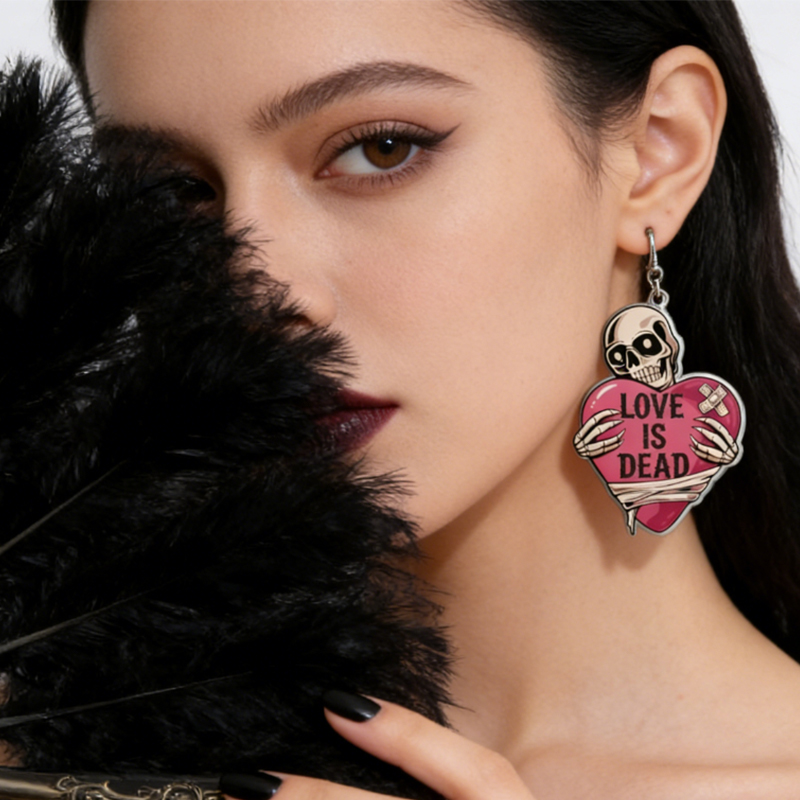 Personalized Acrylic Skull Heart Statement Earrings Dark Sweet Goth Style with Customizable Text for Edgy Fashion Fans