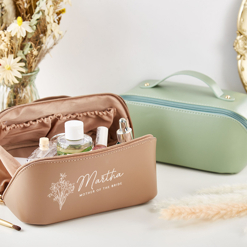 Personalized Bridesmaid Birth Flower Makeup Bag Custom Bride Wedding Cosmetic Bag Maid of Honor Toiletry Pouch Bachelorette Party Bridal Shower Gift