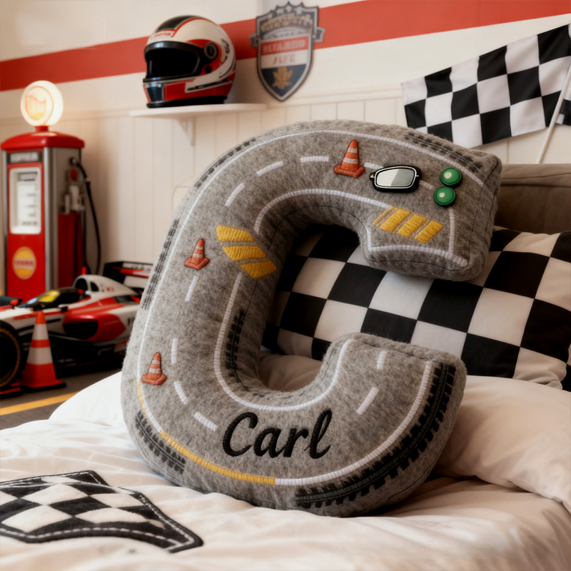 Personalized Racing Style Letter Pillow Custom Initial and Name Road Track Shaped Cushion for Car Lovers and Motorsport Fans