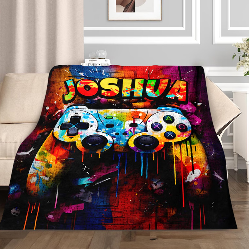 Personalized Gaming Theme 3D Cube Style Splatter Paint Soft Throw Blanket with Name Gaming Room Decor Birthday Gift for Gamer Kid