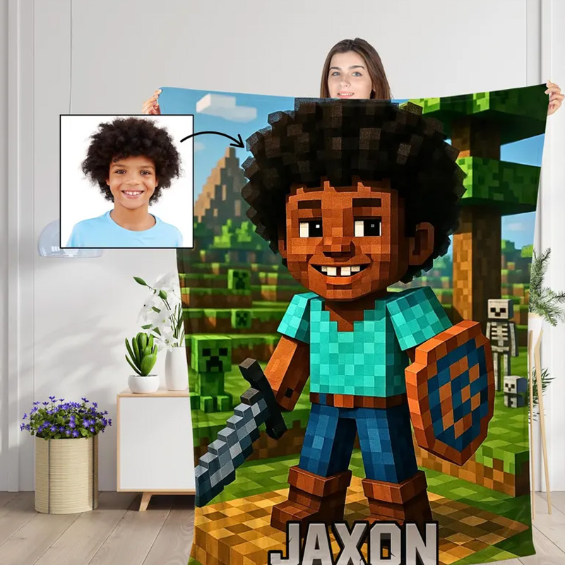 Personalized Pixel Style with Face Name Theme 3D Cube Style Splatter Paint Soft Throw Blanket with Name Gaming Room Decor Birthday Gift for Gamer Kid