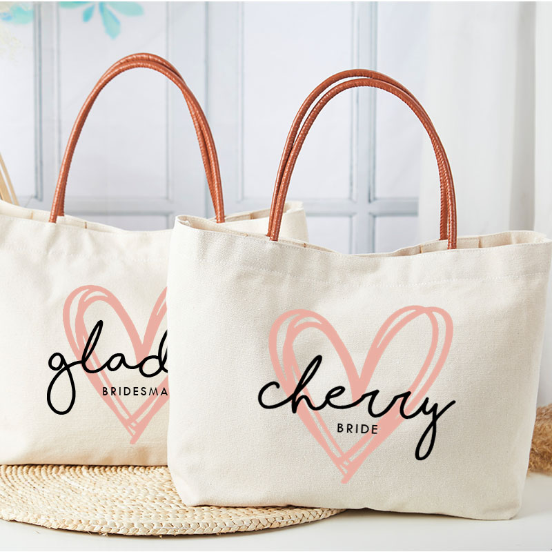 Personalized Bridesmaid Pink Heart Tote Bag with Name Bride Tote Bridal Party Gift