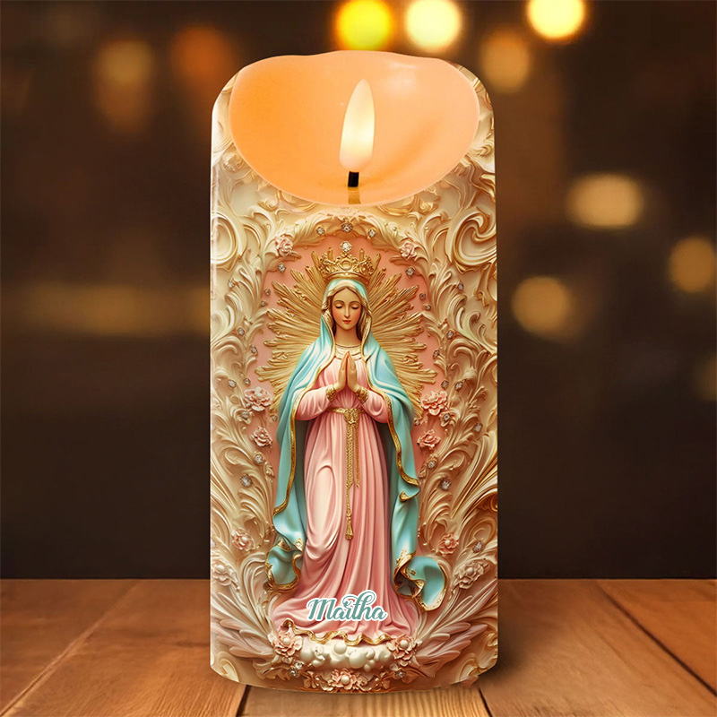 Personalized Golden Grace Virgin Mary LED Candle with Name Religious Gift Home Decor Catholic Gift for Women 