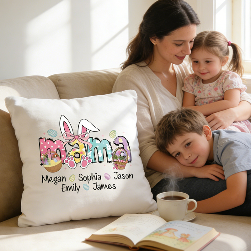 Personalized Mama Easter Pillow with Kids Names Custom Double Side Bunny Pillow Easter Gift for Mom Kids