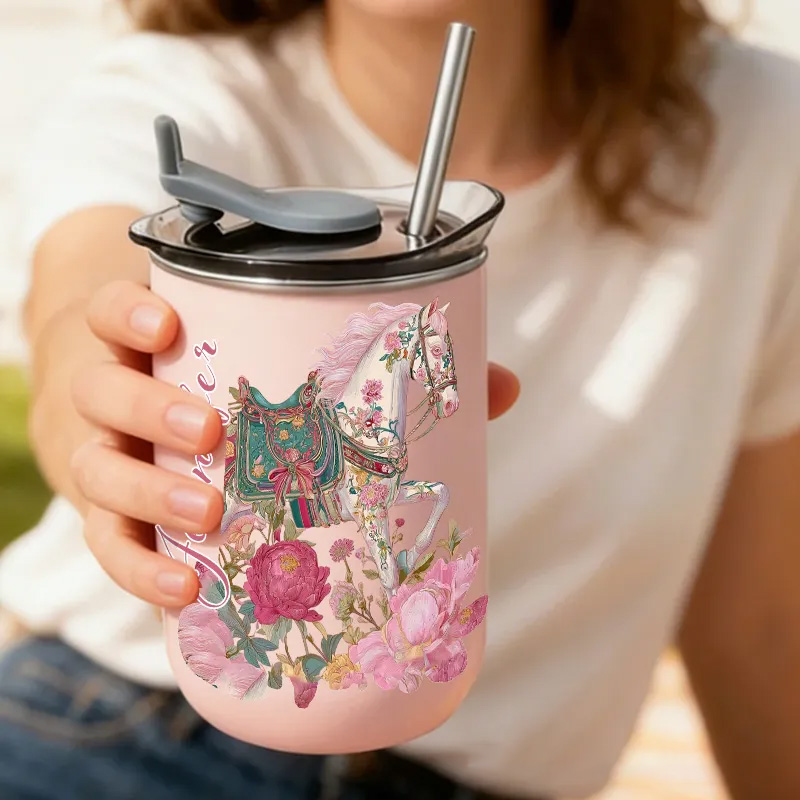 Personalized Floral Horse Equestrian Tumbler Watercolor Flower Insulated Travel Coffee Cup with Name Birthday Christmas Gift for Women Rider Horse Gift Riding Equestrian Lovers