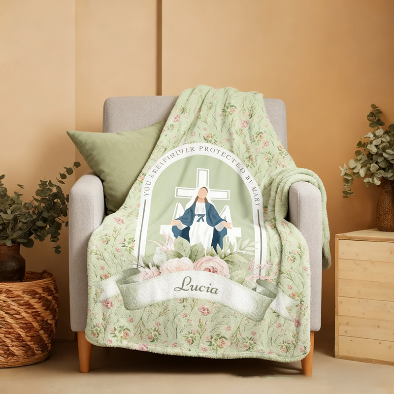 Personalized you are Forever Protected by Mary Floral Throw Blanket with Name Home Decor Religious Gift Catholic Gift for Women