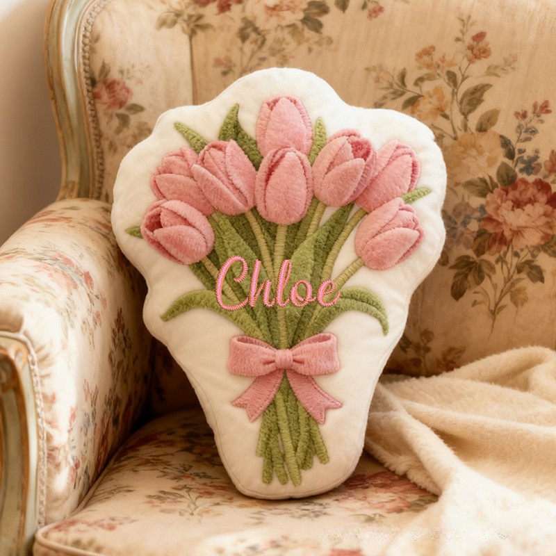 Personalized Pink Tulip Bouquet Custom Name Soft Decorative Gift Floral Spring Style Cozy Home Garden Fresh Lovely Elegant Bloom Magic Graphic 3D Print Pillow