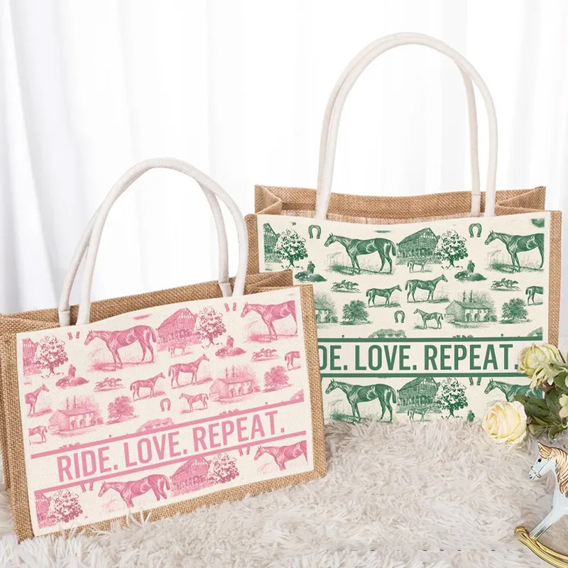 Personalized Vintage Floral Horse Reuseable Jute Tote Bag with Name Birthday Christmas Gift for Riding Lovers Equestrian Lovers