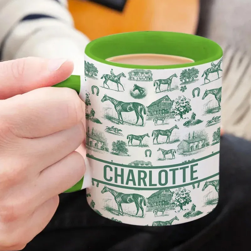 Personalized Multicolor Equestrianism Pattern Ceramic Coffee Mug with Text and Coaster Anniversary Birthday Gift for Equestrians Cowgirls Riding Lovers