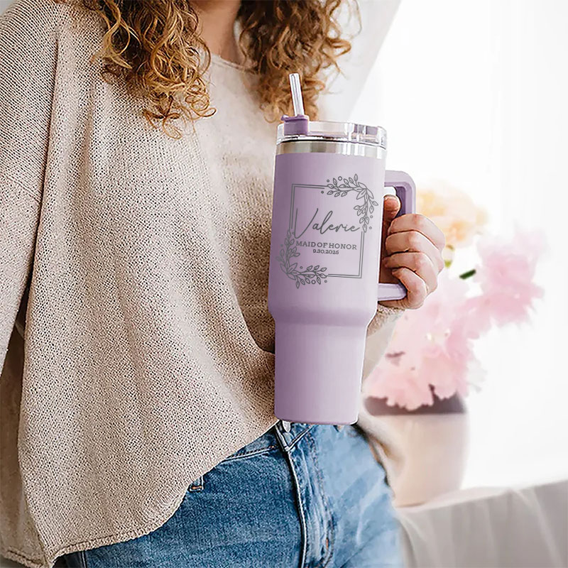 Personalized Bridesmaid Rectangle Wreath 40oz Tumbler Maid of Honor Tumbler with Lid and Straw Bride Bachelorette Party Gift Bridal Shower Tumbler