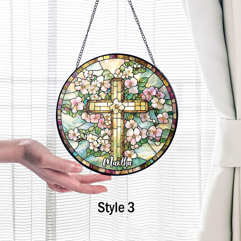 Personalized Cross Wildflowers Stained Glass Suncatcher Ornament with Name Window Balcony Hanging Decor Home Decor Religious Faith Gift
