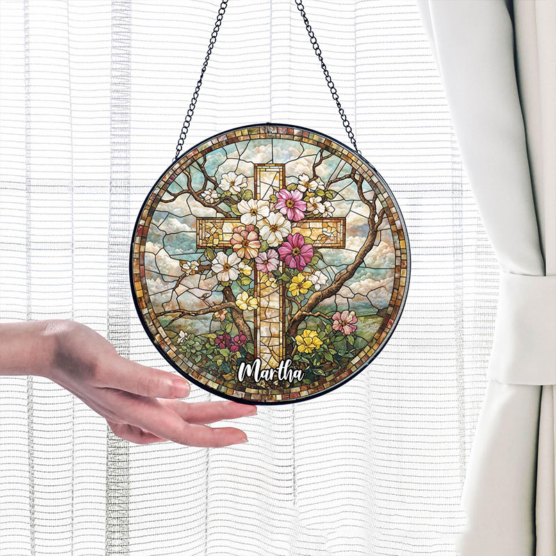 Personalized Floral Cross Stained Glass Suncatcher Ornament with Name Window Balcony Hanging Decor Home Decor Religious Gift