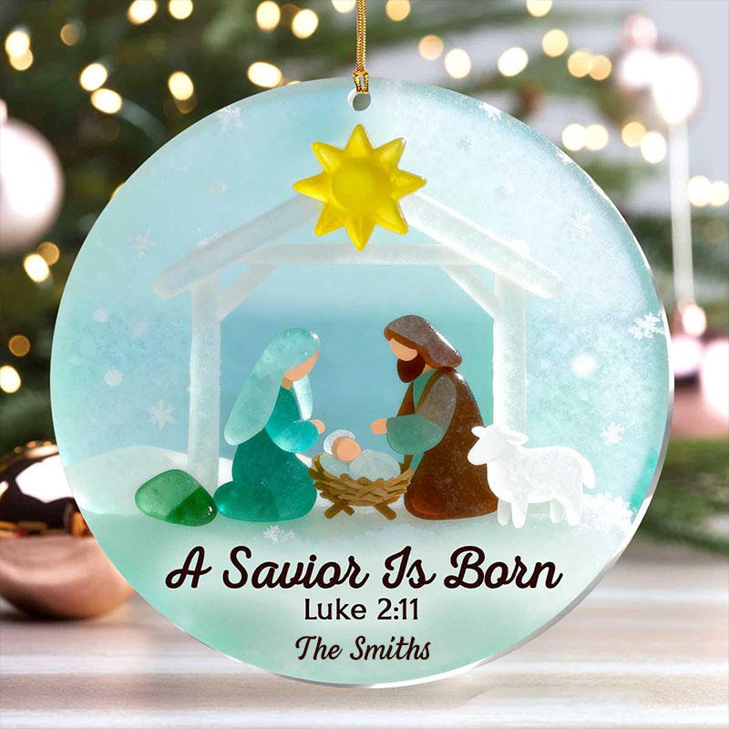Personalized a Savior is Born Nativity Scene Acrylic Ornament with Family Name Religious Gift Christmas Tree Decor Christmas Gift for Family