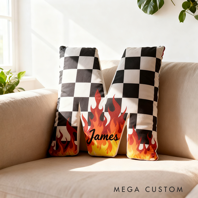 Personalized Racing Letter Throw Pillow Custom Name Checkered and Flame Design Cushion Gift for Racers and Racing Lovers
