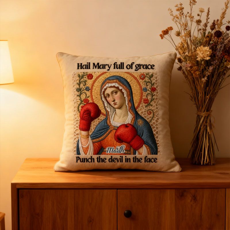 Personalized Hail Mary Full of Grace Punch the Devil in the Face Catholic Meme Pillow with Custom Name Humorou Religious Gift Graphic 3D Print Pillow