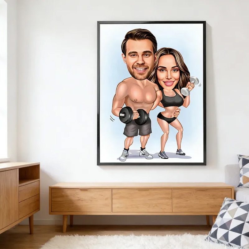Personalized Gym Lover Couple Portrait Fitness Gifts Cartoon Weightlifter Portrait Bodybuilding Poster Fitness Gym Weightlifting Gym Gift ideas for Gym Lovers