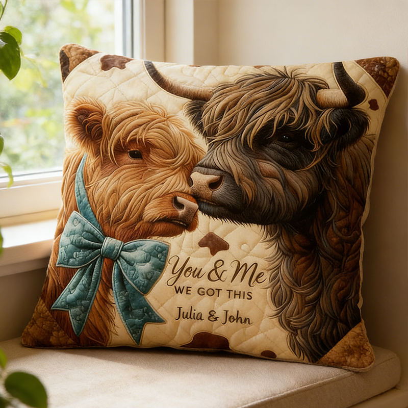 Personalized Highland Cow Design with Names Couple Throw Pillow Romantic Anniversaries Gift for Husband Wife Valentine's Day Gift