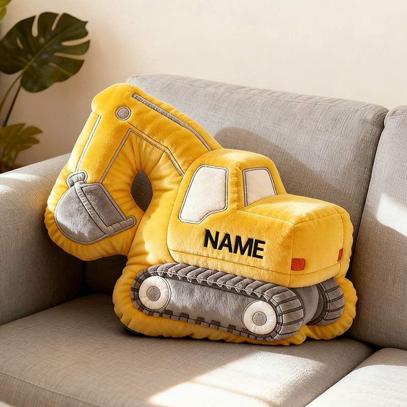  Personalized 3D Construction Excavator Plush Pillow With Your Own Name Soft Stuffed Toy for Kids Unique Decorative Cushion for Boys’ Room and Playroom