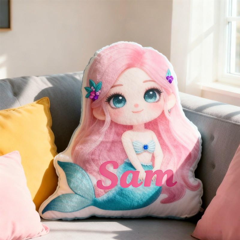 Personalized Cute 3D Cartoon Fantasy Mermaid with Name Pillow Christmas Gift for Kids Family
