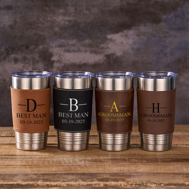 Personalized Wedding Party Tumbler Men’s 20oz Leather Tumbler Custom Groomsmen Gift Tumbler Groom Gift Best Man Bachelor Party Coffee Mugs