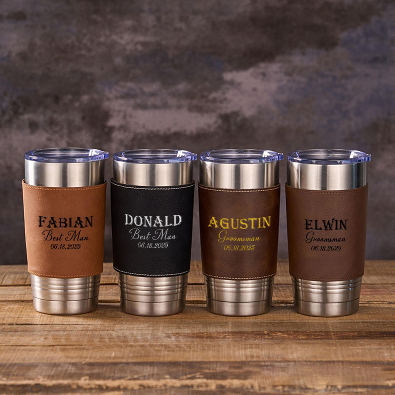 Personalized Groomsmen Gifts 20oz Tumblers Custom Men’s Tumbler with Leather Sleeve for Best Man Leather Coffee Mug for Groom Best Man Wedding Party Gift Tumbler