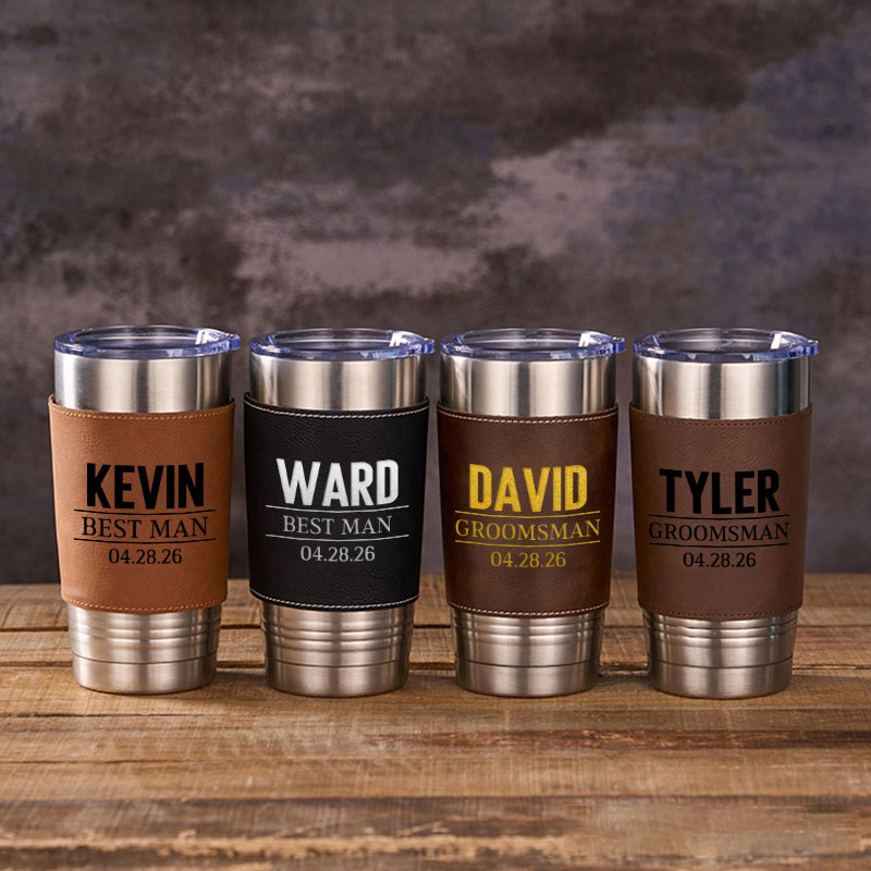 Personalized Groomsmen Gifts 20oz Leather Tumbler Engraved Leather Sleeve Coffee Mug for Groom Best Man Gift Bachelor Party Gift Tumbler
