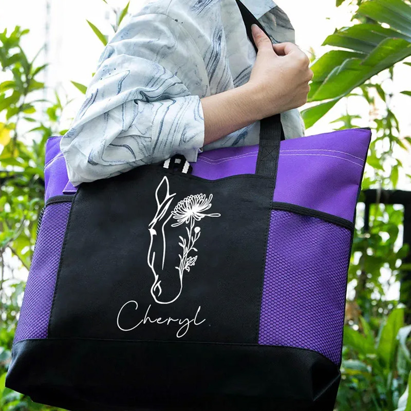 Personalized Horse Birth Flower Oxford Large Tote Bag with Name Travel Essentials Birthday Gift for Riding Lovers