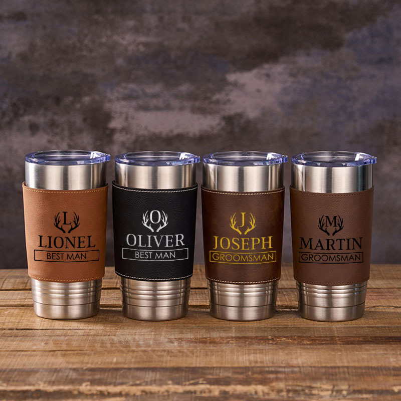 Personalized 20oz Tumbler Groomsmen Gift Tumbler for Bachelor Party Antler Design Tumbler with Leather Sleeve Best Man Gift Groom Gift Wedding Favors Tumbler 