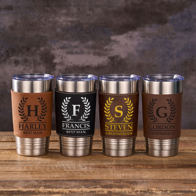 Personalized Engraved Groomsmen Tumbler 20oz Groomsman Tumbler with Leather Sleeve Men’s Coffee Mug for Groom Best Man Wedding Party Gift Tumbler