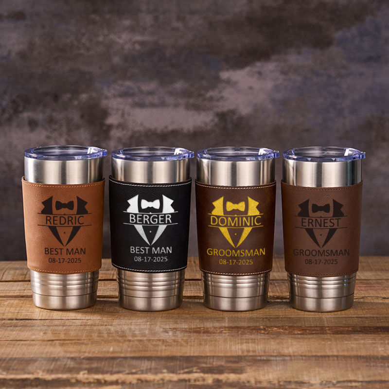 Personalized Groomsmen Gifts Tumbler 20oz Tumbler with Leather Sleeve for Men Groom Best Man Bachelor Party Gift Tumbler for Him