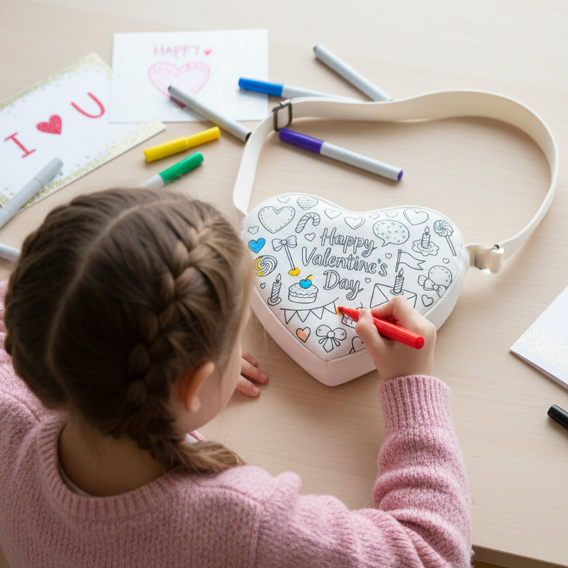 Personalized DIY Valentine's Canvas Bag Heart Shaped Coloring Tote for Kids with Markers