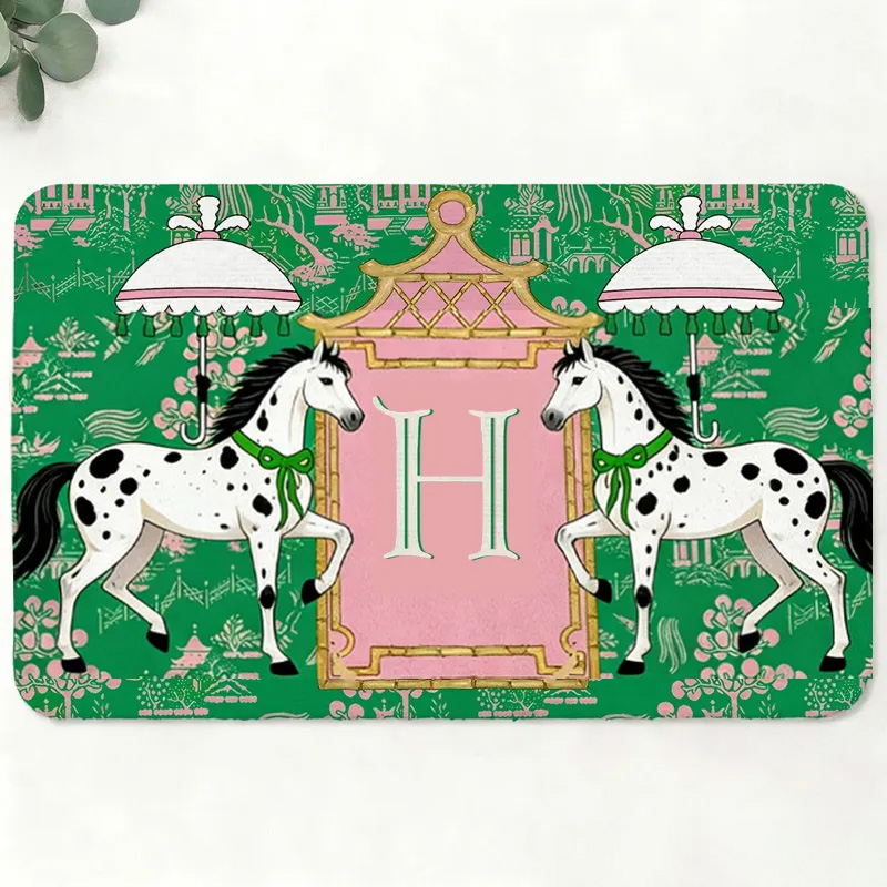 Personalized Horses Pagoda Chinoiserie Non Slip Door Mat with Initial Entryway Home Decor Housewarming Gift for Family for Riding Lovers Equestrian Lovers