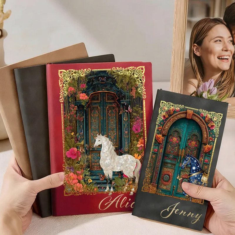 Personalized PU Leather Notebook with Riding Floral Blanket Vintage Garden Gate Floral Horse Custom Name Birthday Gift for Horse Lovers Riding Lovers Equestrian Lovers