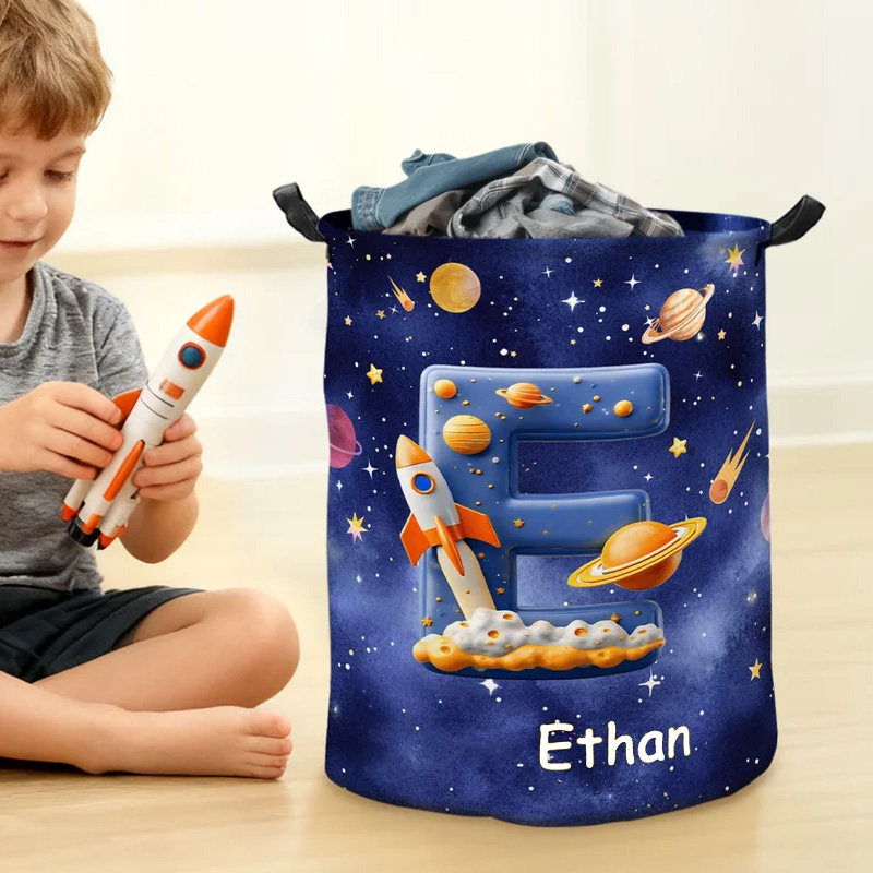 Personalized Space Planet Universe Nebula Star Waterproof Laundry Basket with Handle Initial and Text Birthday Boys Gift for Geek Lovers