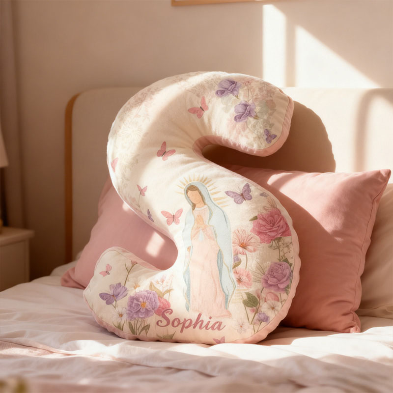Personalized Virgin Mary Letter Pillow with Custom Name Catholic Home Decor Religious Gift for Her Floral Butterfly Graphic 3D Print Pillow