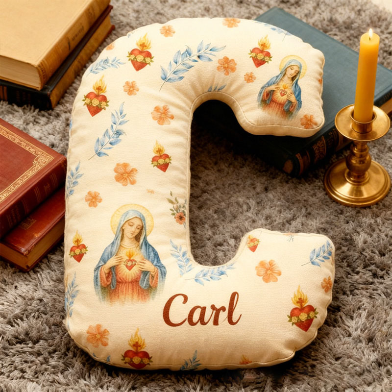 Personalized Immaculate Heart of Virgin Mary Letter Pillow with Custom Name Catholic Home Decor Religious Gift for Her Graphic 3D Print Pillow