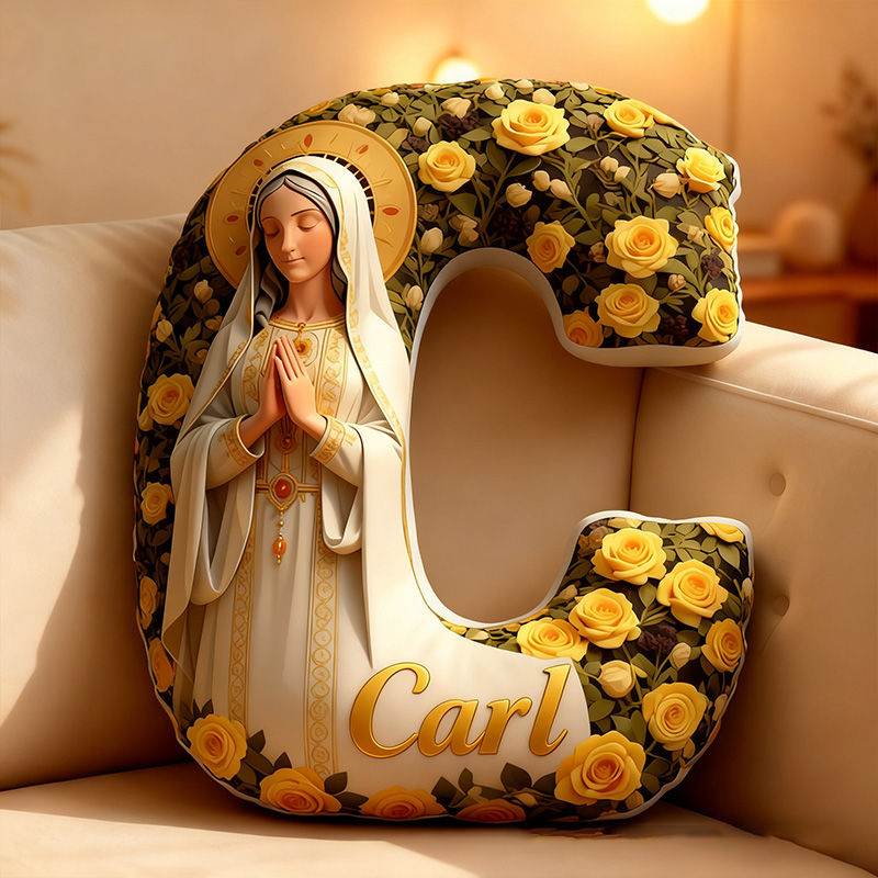 Personalized Virgin Mary Letter Pillow Graphic 3D Print Pillow with Custom Name Religious Home Decor Catholic Prayer Gift for Her Yellow Rose 