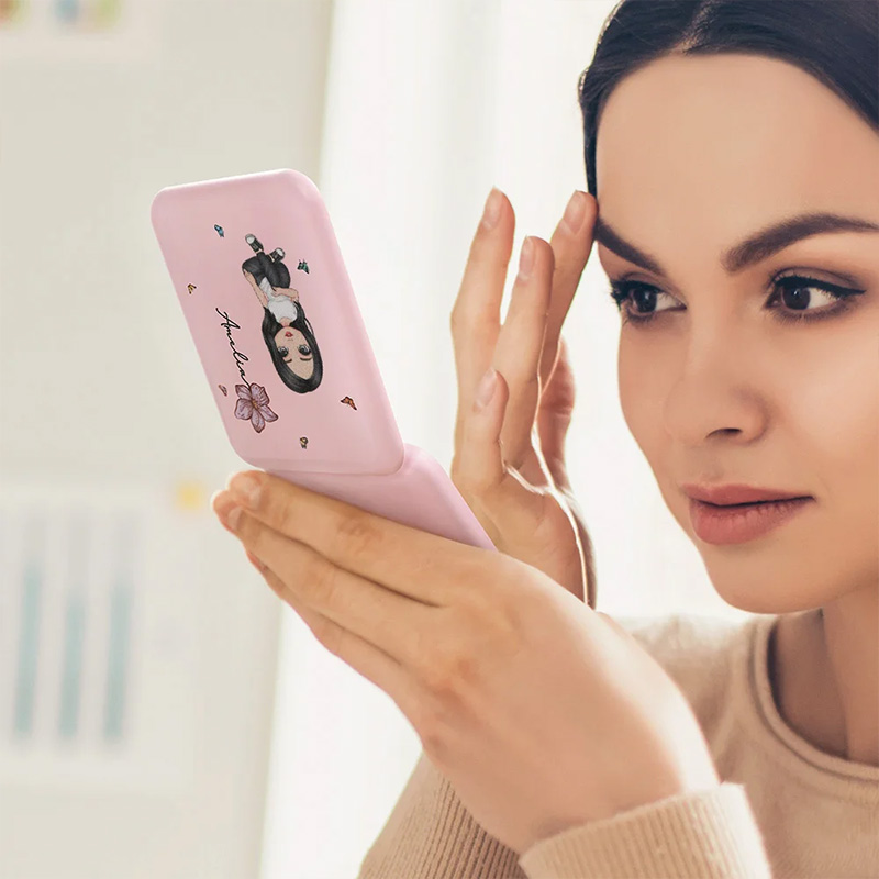 Personalized Cartoon Character Portable LED Double-Sided Compact Makeup Mirror with Birth Flower and Name Birthday Bridesmaid Gift for Women