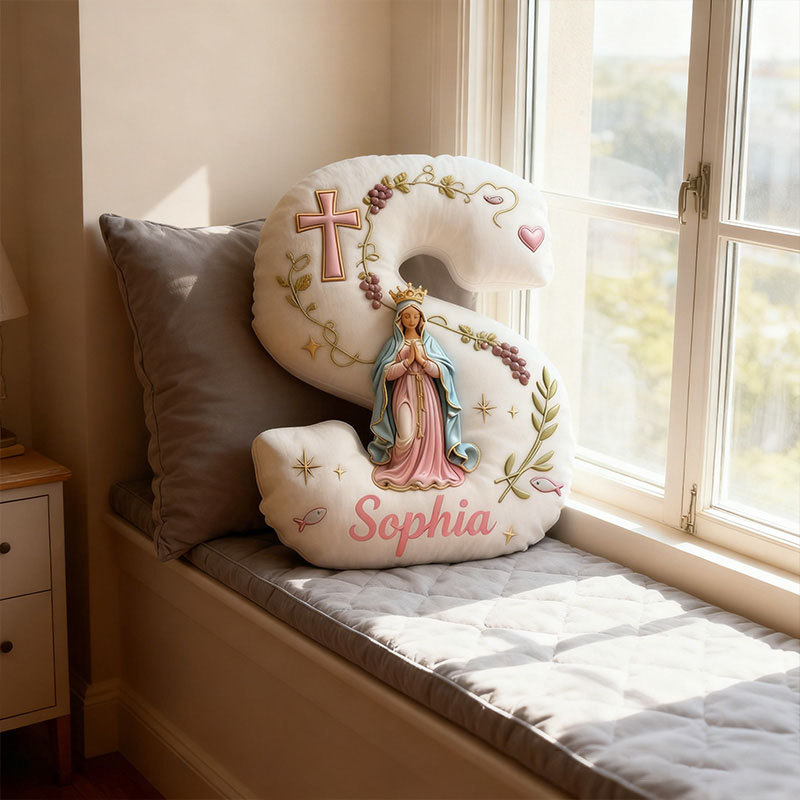 Personalized Cross Virgin Mary Letter Pillow Graphic 3D Print Pillow with Custom Name Home Decor Religious Faith Gift Catholic Gift