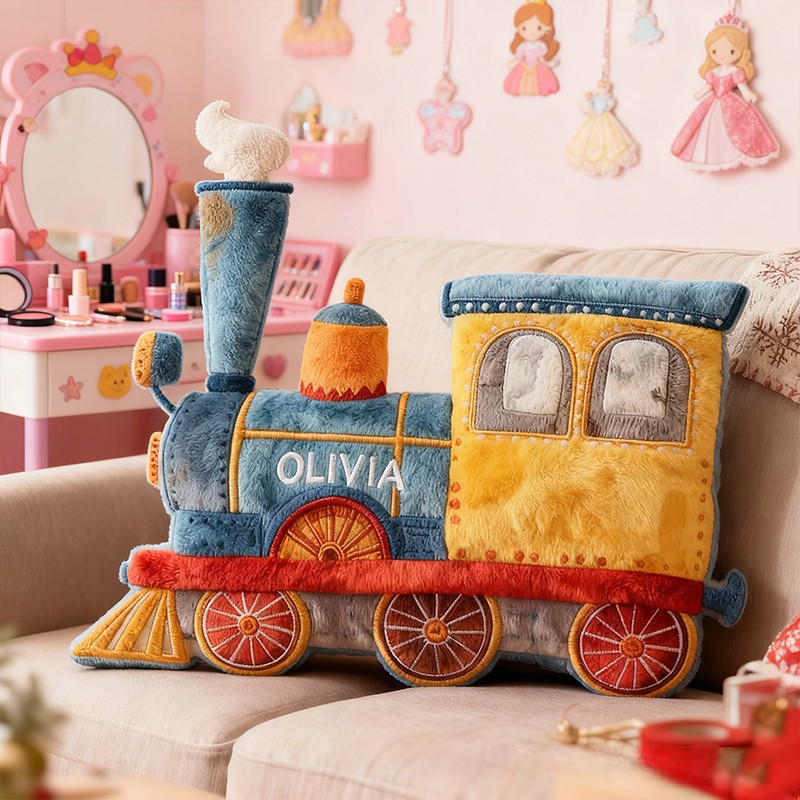 Personalized Train Name Custom Soft Decorative Gift Colorful Railway Adventure Style Fun Playful Cozy Kid Room Magical Journey Steam Engine Rainbow Graphic 3D Print Pillow