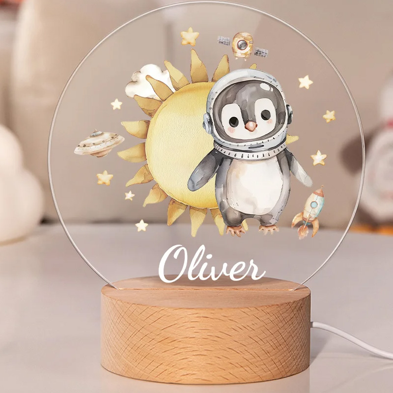 Personalized Cute Lion Bear Animal Astronauts Solar System Planets LED Night Light with Name and Wooden Base Nursery Decor Birthday Gift for Geek Lover