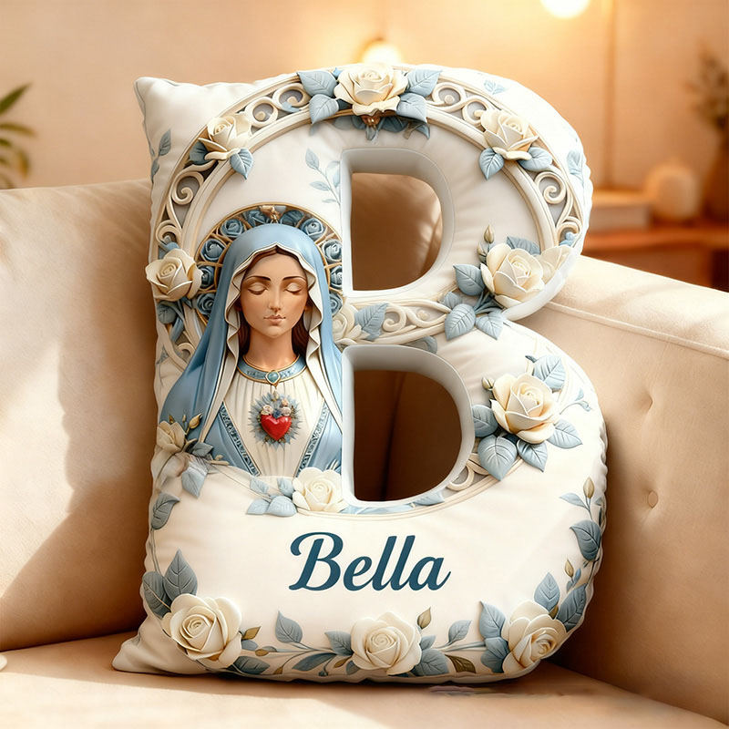Personalized Sacred Heart of Mary Letter Pillow Graphic 3D Print Pillow with Custom Name Home Decor Religious Gift Catholic Gift for Her