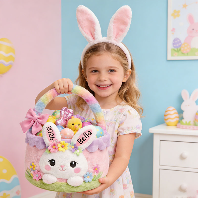 Personalized Easter Bunny Basket Custom Easter Basket Pink Easter Bunny Easter Basket for Girls Kids Gift for Easter