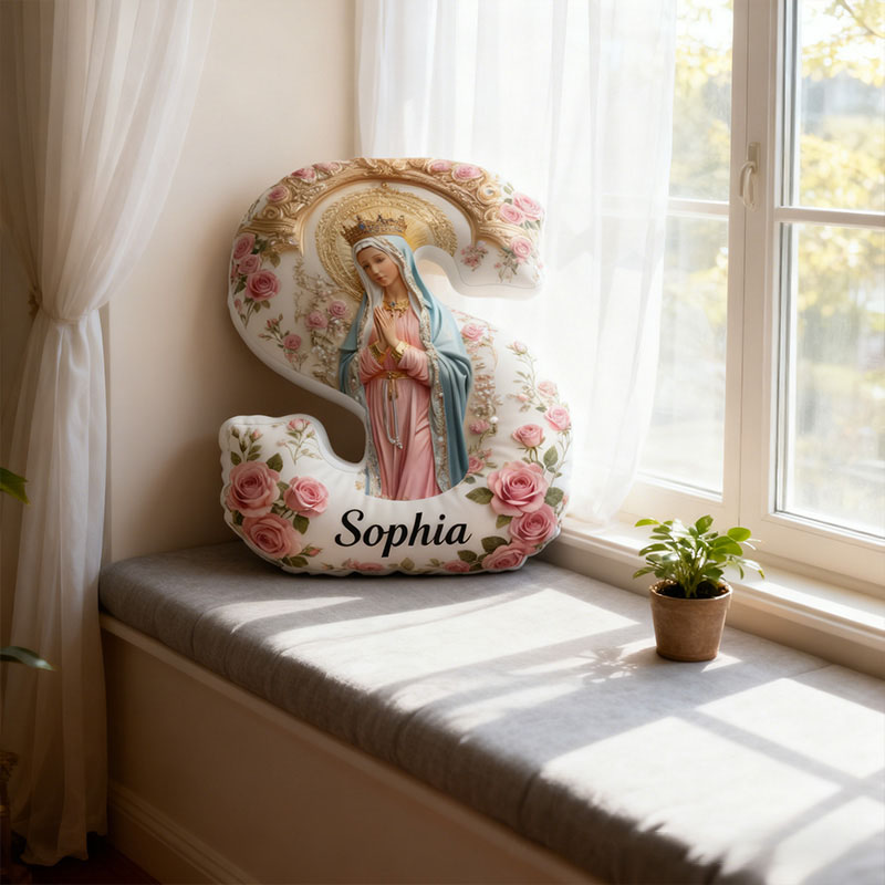 Personalized Queen Of Divine Virgin Mary Letter Pillow Graphic 3D Print Pillow with Name Home Decor Religious Gift Catholic Gift for Women