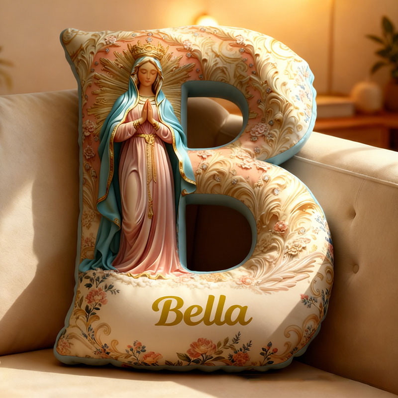 Personalized Golden Grace Virgin Mary Letter Pillow Graphic 3D Print Pillow with Name Home Decor Religious Gift Catholic Gift for Women